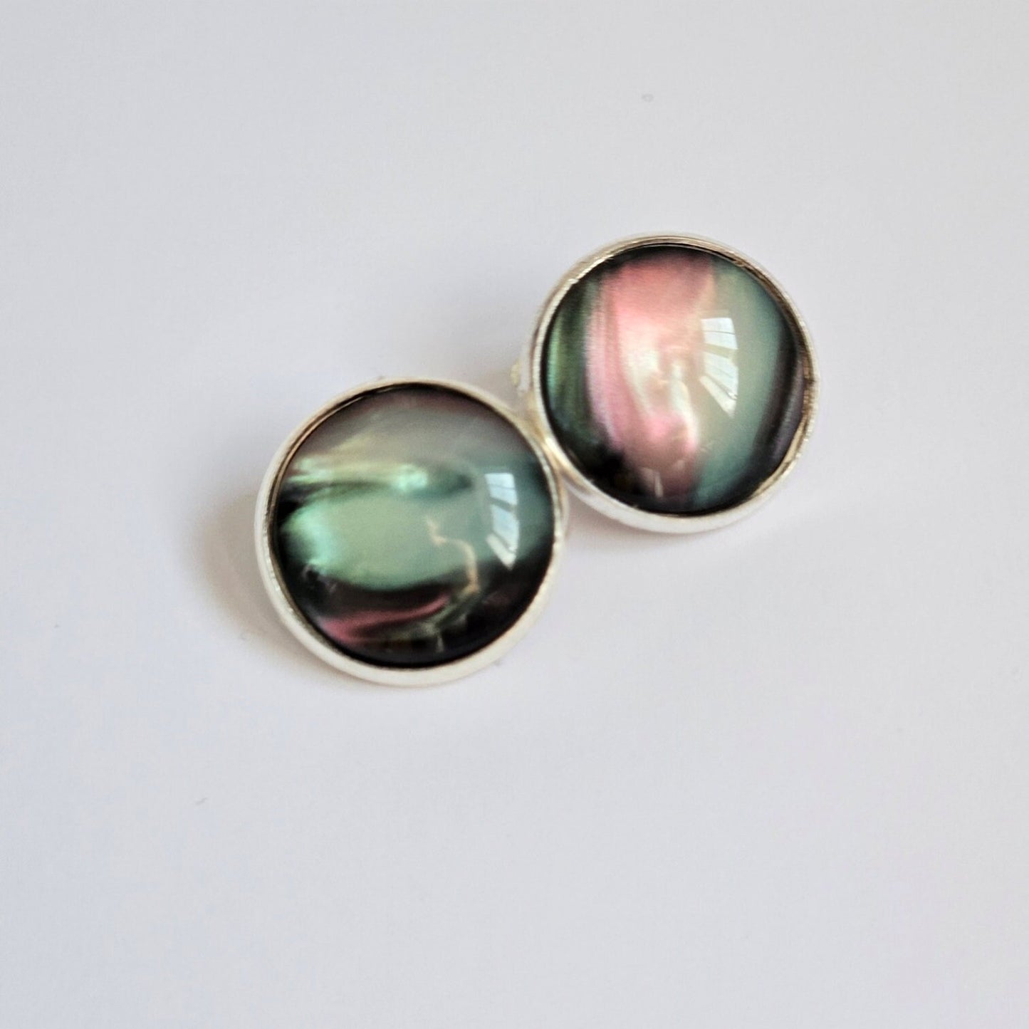 Black Aurora Clip-On Earrings | Handmade 16mm Cabochon | Non-Pierced Statement Earrings | Silver Tone