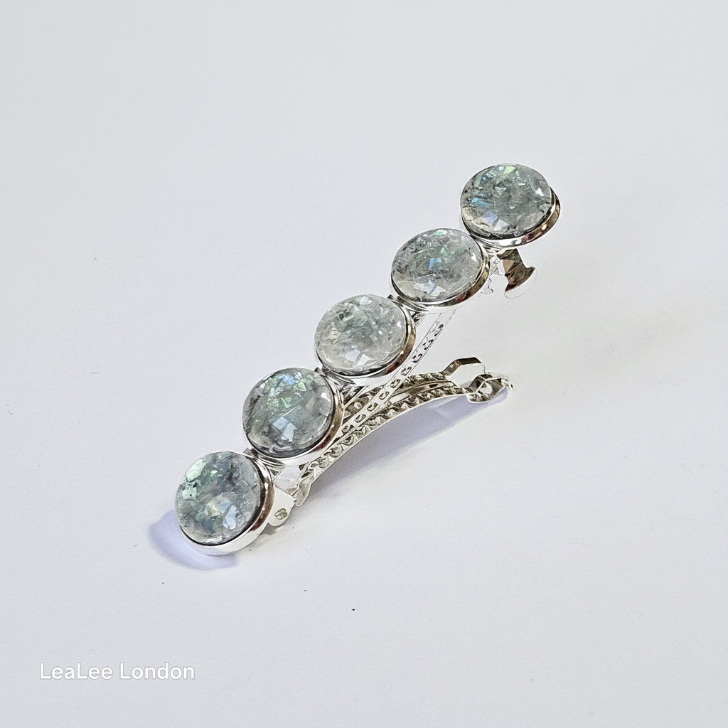 Iridescent Grey Marble Resin French Barrette: Silver Hair Clip