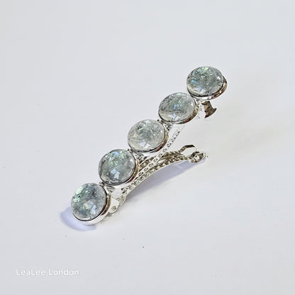 Iridescent Grey Marble Resin French Barrette: Silver Hair Clip