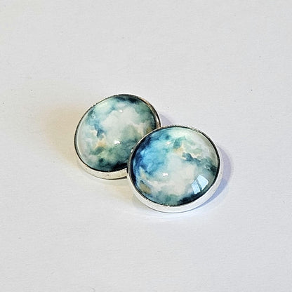 Blue Watercolor Clip On Earrings: Silver Tone, Non Pierced