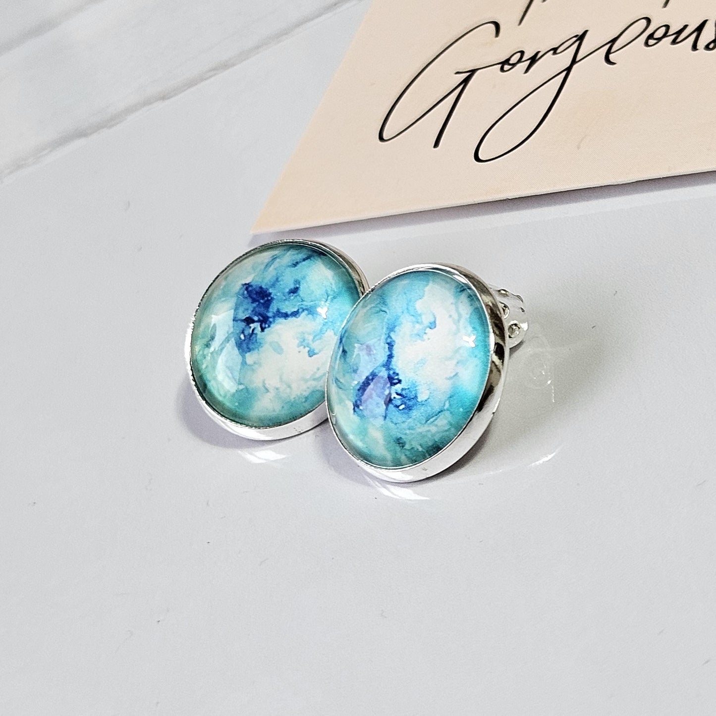 Blue Watercolour Clip-On Earrings – 16mm Cabochon | Non-Pierced | Hypoallergenic