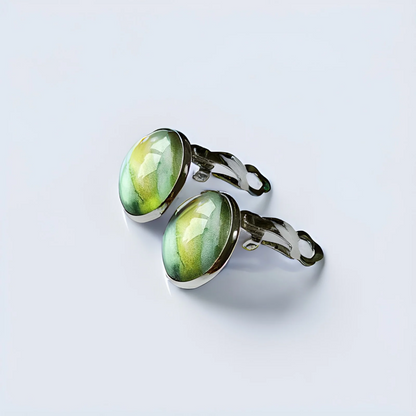 Green Paint Stroke Clip-On Earrings | 16mm Cabochon | Non-Pierced