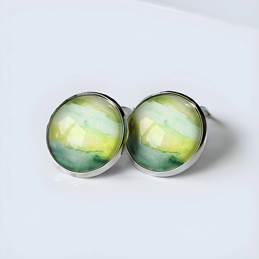 Green Paint Stroke Clip-On Earrings | 16mm Cabochon | Non-Pierced