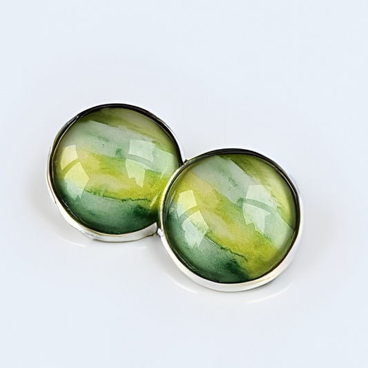 Green Paint Stroke Clip-On Earrings | 16mm Cabochon | Non-Pierced