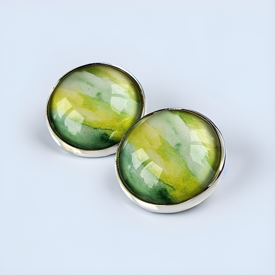 Green Paint Stroke Clip-On Earrings | 16mm Cabochon | Non-Pierced