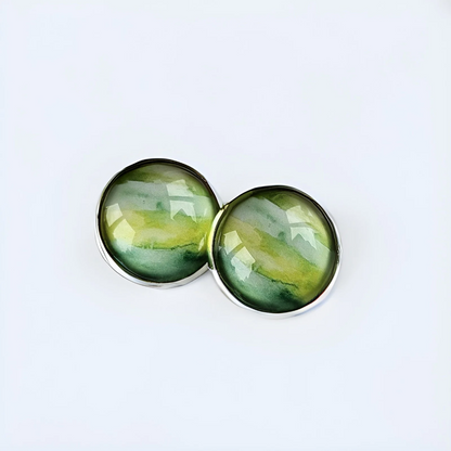 Green Paint Stroke Clip-On Earrings | 16mm Cabochon | Non-Pierced