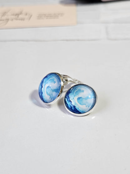 Blue Watercolour Clip On Earrings, Non Piercing Hinged Back Earrings, Handmade Cabochon Stud Earring, Lightweight Statement  Jewellery