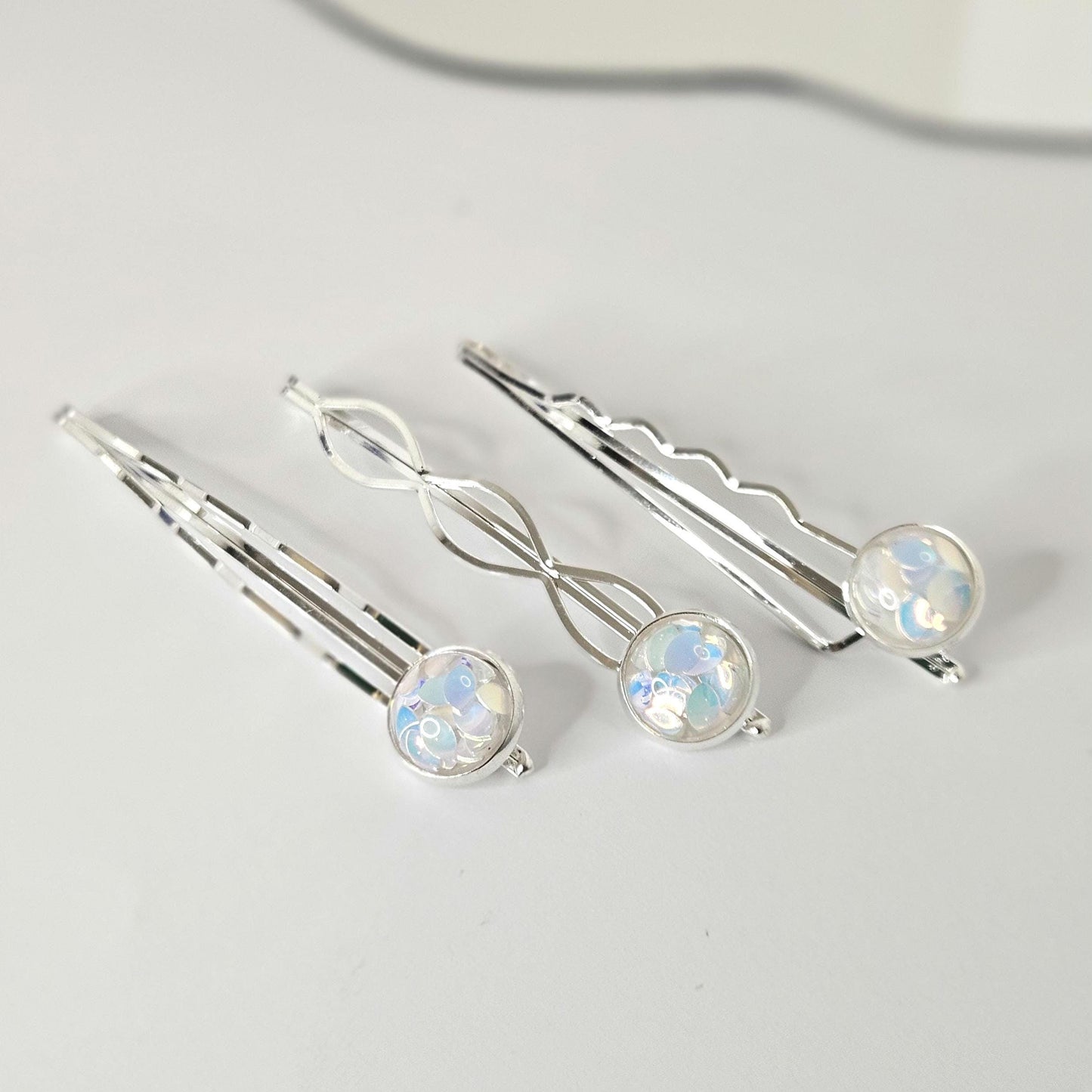 Iridescent Cabochon Bobby Pins: Silver Hair Slides for Thick Hair, set of 3