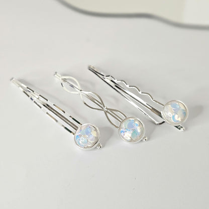 Iridescent Cabochon Bobby Pins: Silver Hair Slides for Thick Hair, set of 3