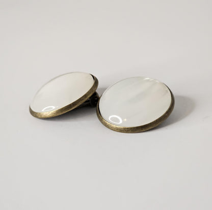 White Round Clip On Earrings: Bronze Tone, Non Piercing