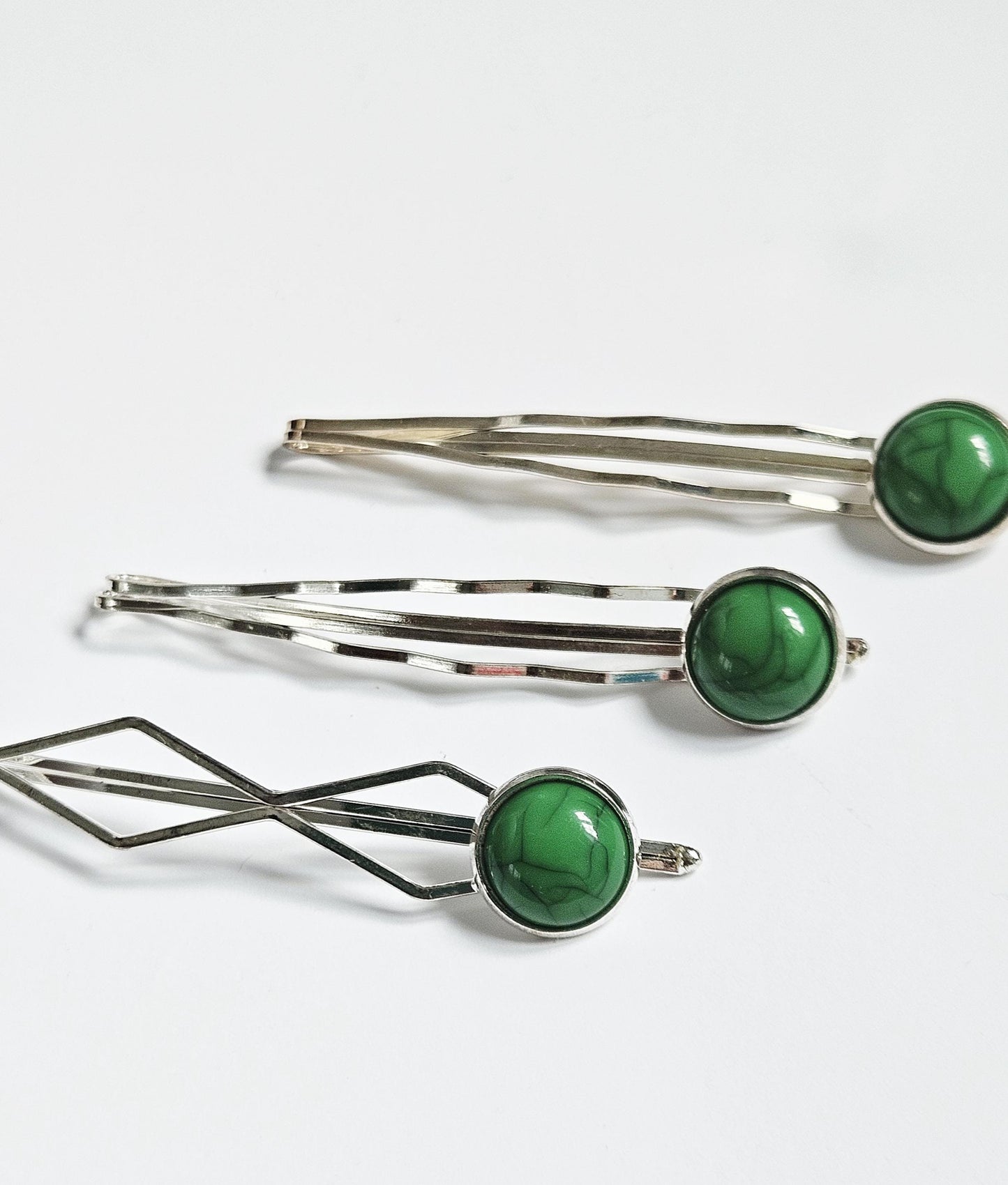 Dark Green Cabochon Bobby Pins: Silver Hair Slides, Women's Hair Accessories