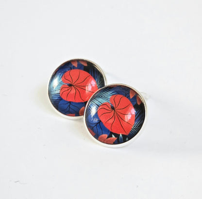 Red & Blue Floral Clip-On Earrings – 16mm Cabochon | Non-Pierced | Hypoallergenic