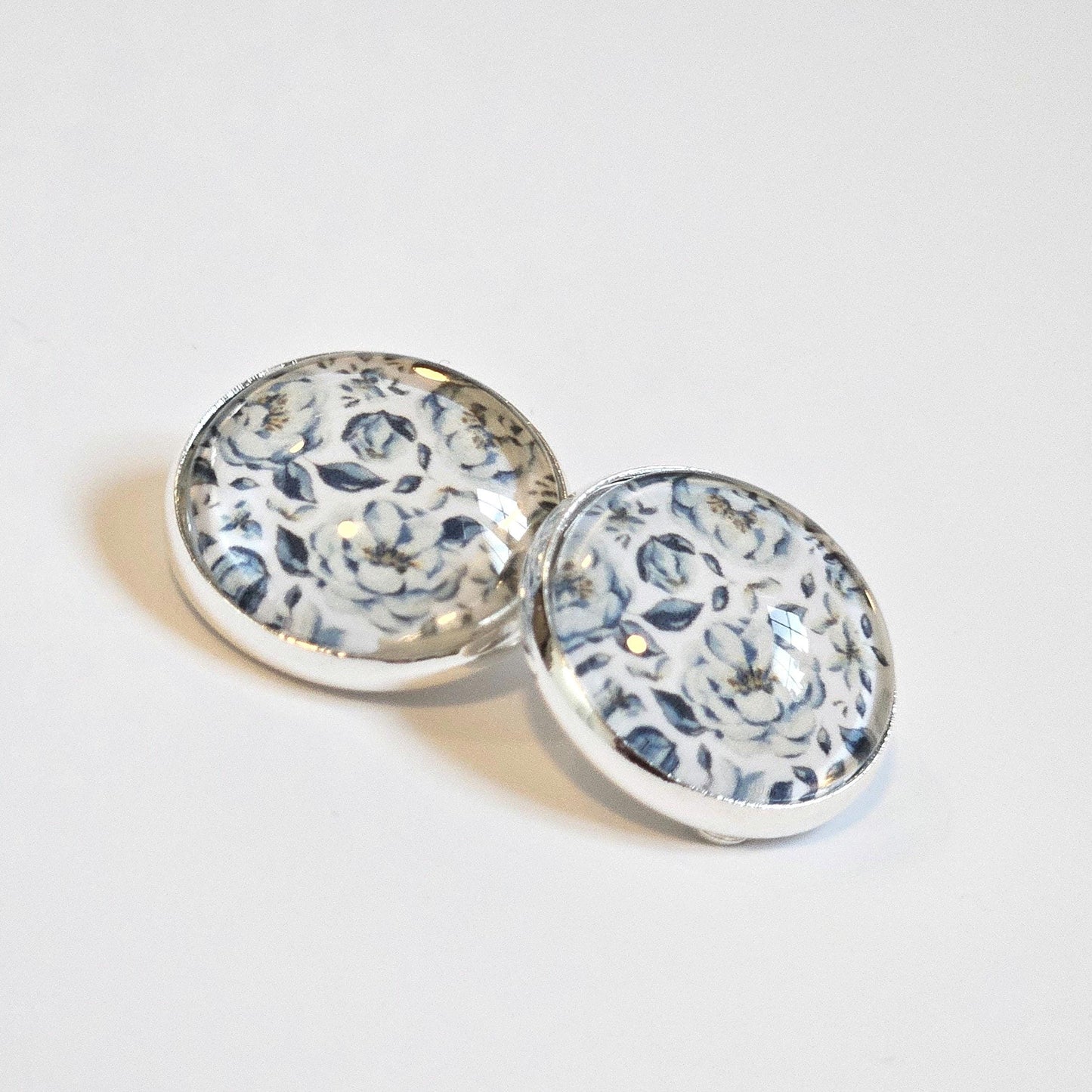 Blue Floral Clip-On Earrings – 16mm Cabochon | Non-Pierced | Hypoallergenic