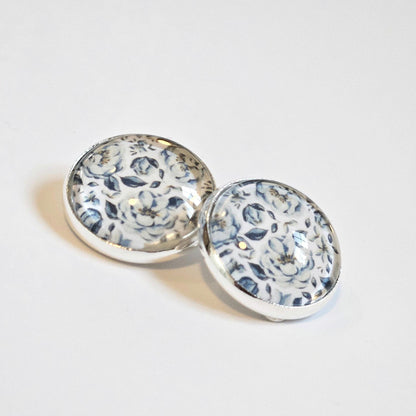 Blue Floral Clip-On Earrings – 16mm Cabochon | Non-Pierced | Hypoallergenic