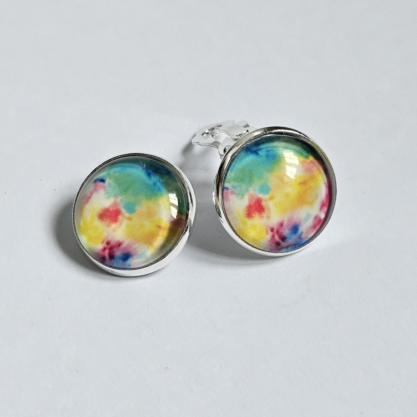 Colourful Clip On Earrings, Non Pierced Ears, Handmade Round Stud Clip-ons, Lightweight Statement Jewellery
