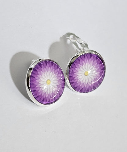 Purple Flower Clip-on Earrings: Silver Tone Copper Base