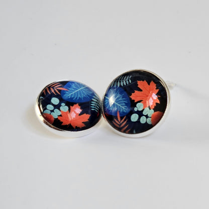 Blue Floral Clip On Earrings: Silver Tone, Non Piercing Stud Clip-ons, Hinged back fastening earrings
