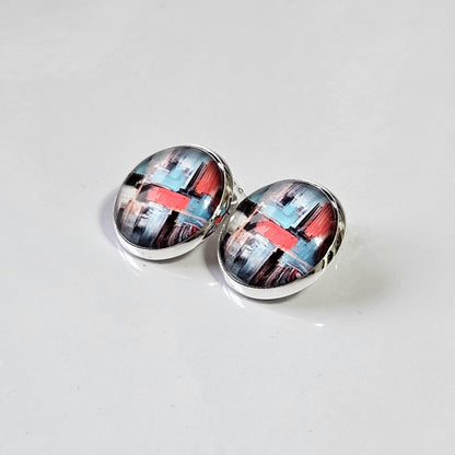 Red & Blue Abstract Paint Stroke Clip-On Earrings – 16mm Cabochon | Non-Pierced