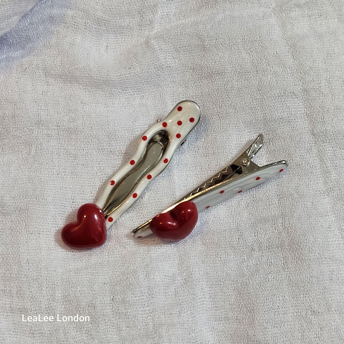 Red Polka Dot Heart Hair Clips: Silver Snap Clip Set