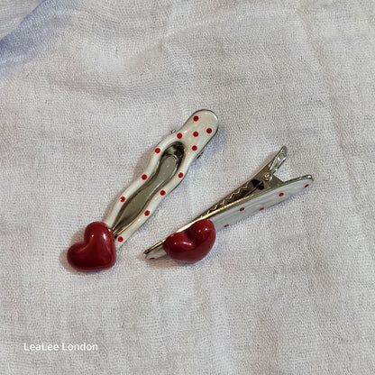 Red Polka Dot Heart Hair Clips: Silver Snap Clip Set