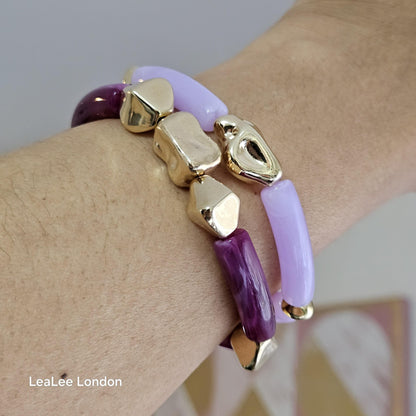 Elastic beaded bangle Bracelet, 2 set Gold detail Bracelet for women, Purple pink and gold bracelet set