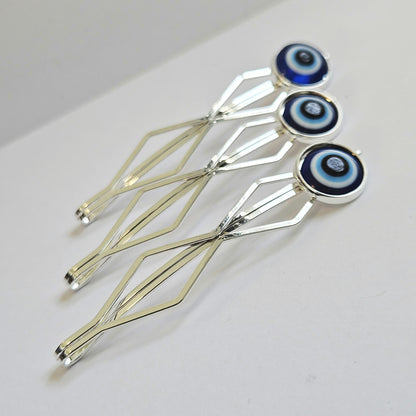 Evil eye decorative Bobby Pins: Silver Hair Slide Clips, Set of 3 for women.