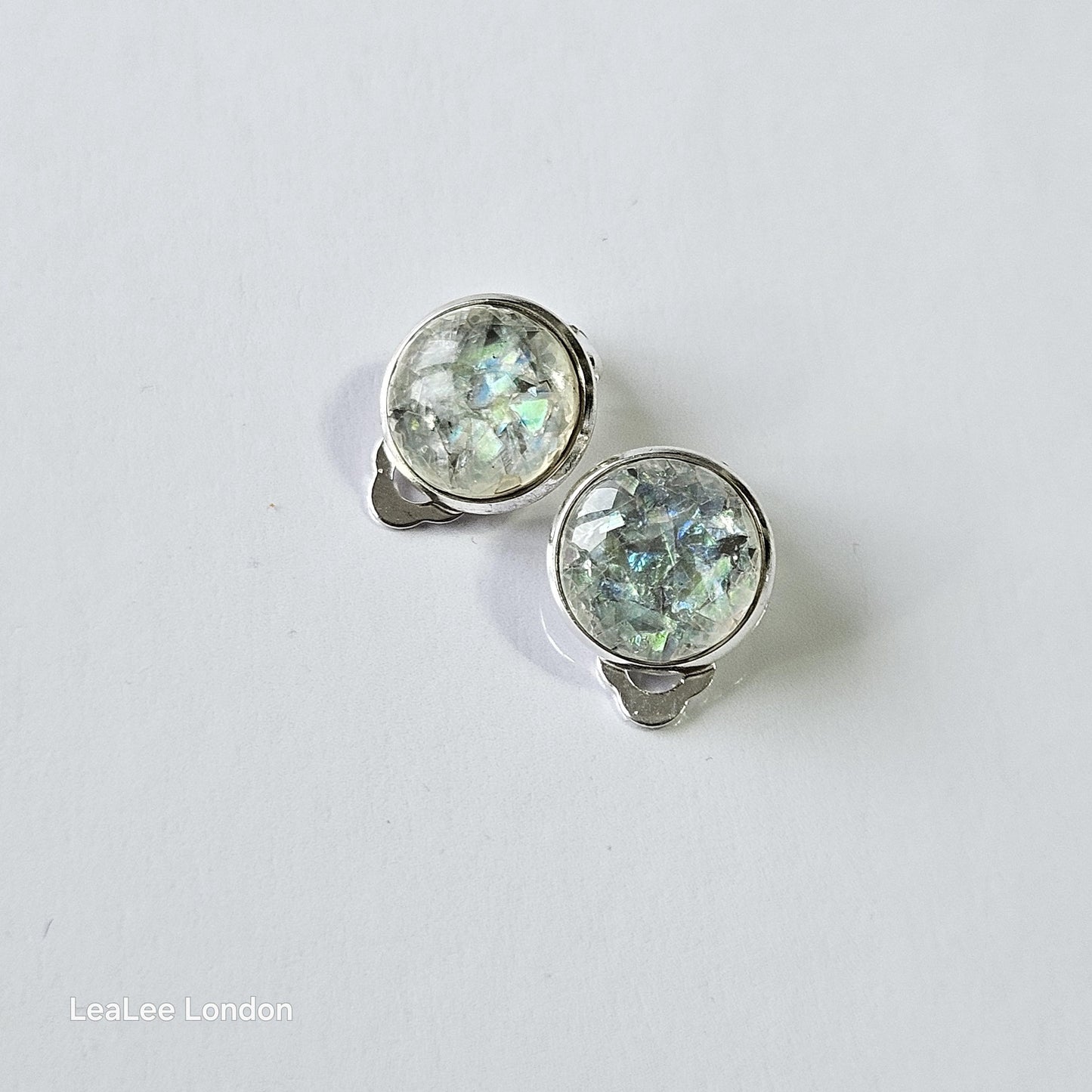 Iridescent Cabochon Clip-On Earrings – 12mm | Non-Pierced | Silver Tone