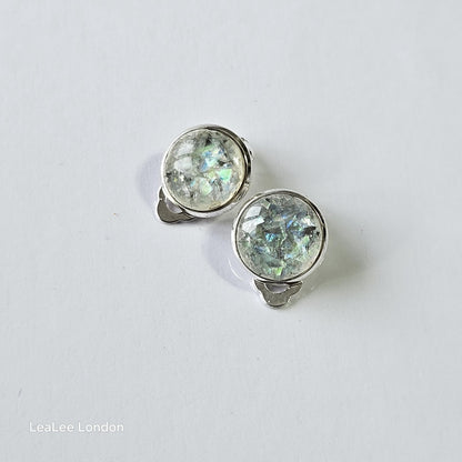 Iridescent Cabochon Clip-On Earrings – 12mm | Non-Pierced | Silver Tone