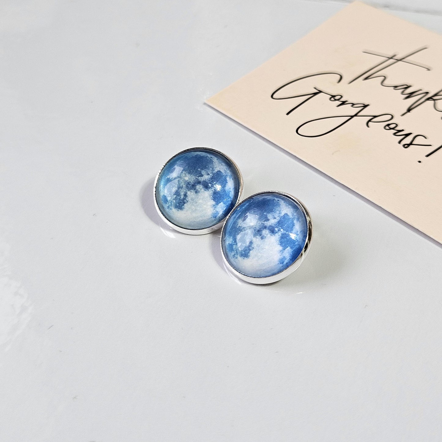 Realistic Full Moon Clip On Earrings, Silver Hinged Back Studs, Comfortable Firm Fit No Pierce Jewelry, Celestial Lunar Gift for Space Lover