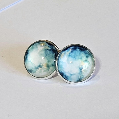 Blue Watercolor Clip On Earrings: Silver Tone, Non Pierced
