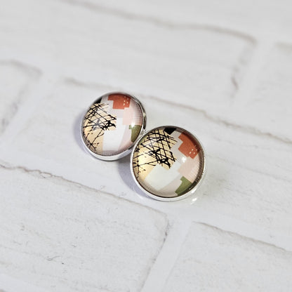Neutral Abstract Clip-On Earrings – Green, Beige & Terracotta | Non-Pierced