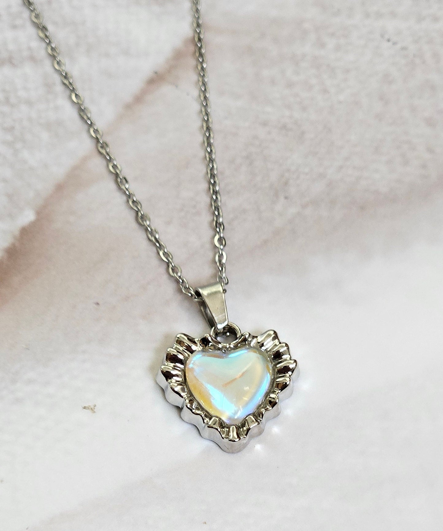 Y2K Silver Heart Necklace | Pink Crystal Pendant | Stainless Steel