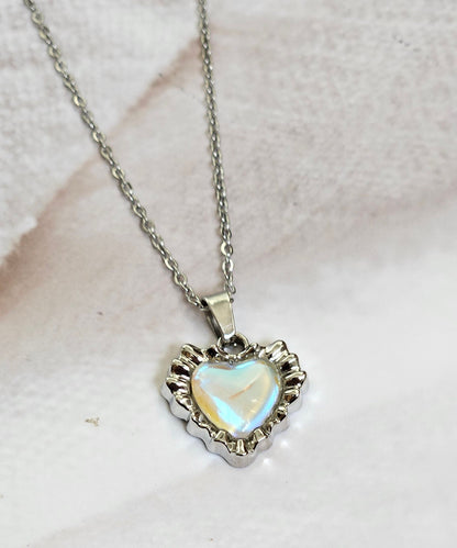 Y2K Silver Heart Necklace | Pink Crystal Pendant | Stainless Steel