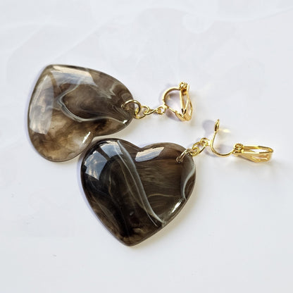 Acrylic Marble Heart Clip-On Earrings – Gold Tone | Non-Pierced