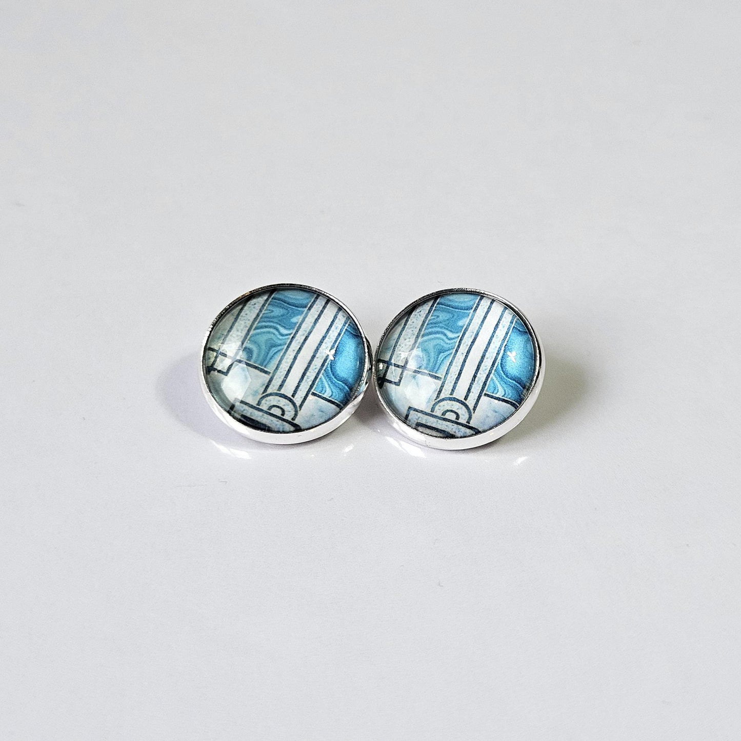 Blue Art Deco Clip-On Earrings | Handmade 16mm Cabochon | Non-Pierced Statement Earrings | Silver Tone