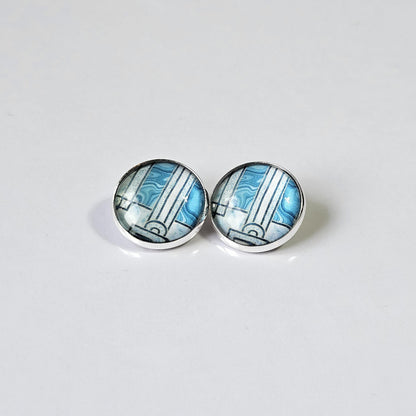 Blue Art Deco Clip-On Earrings | Handmade 16mm Cabochon | Non-Pierced Statement Earrings | Silver Tone