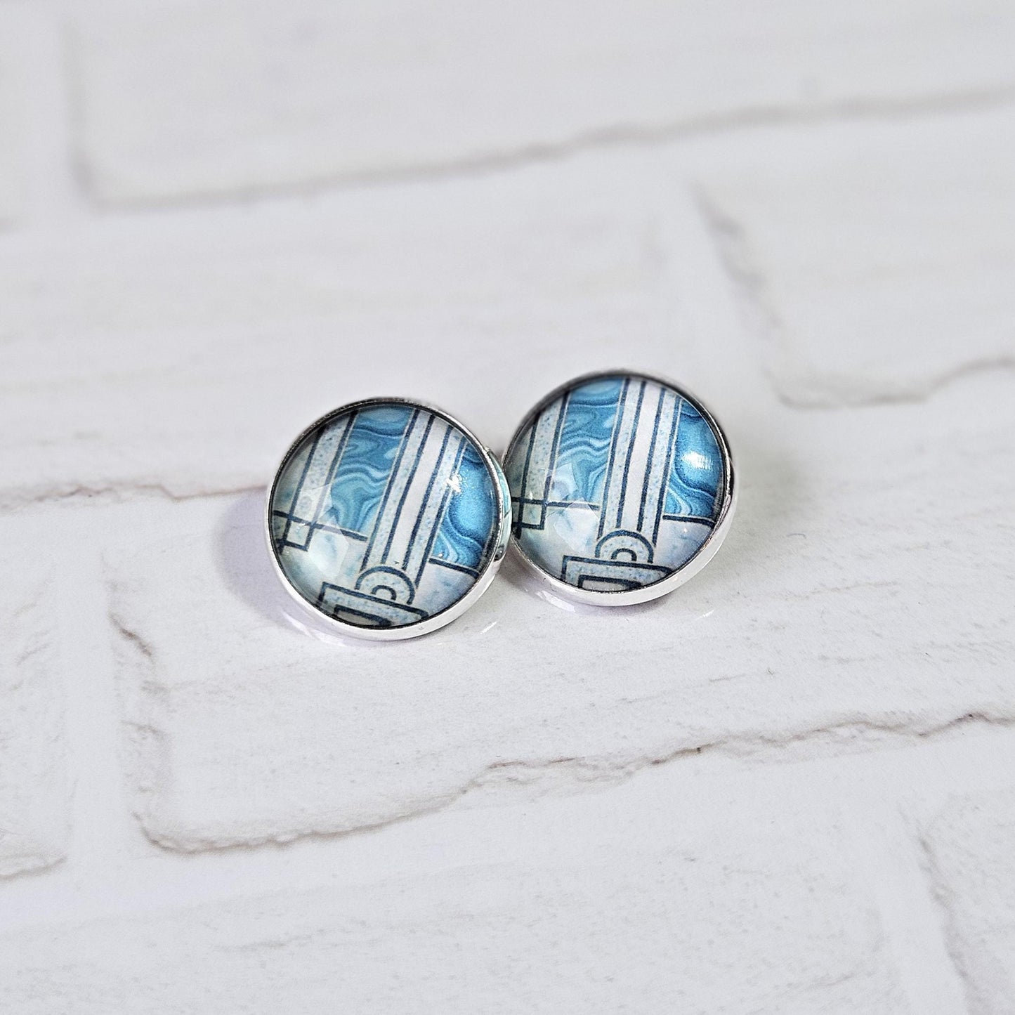 Blue Art Deco Clip-On Earrings | Handmade 16mm Cabochon | Non-Pierced Statement Earrings | Silver Tone