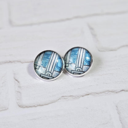 Blue Art Deco Clip-On Earrings | Handmade 16mm Cabochon | Non-Pierced Statement Earrings | Silver Tone