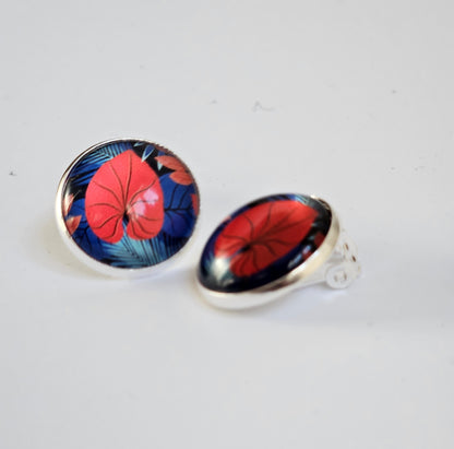 Red & Blue Floral Clip-On Earrings – 16mm Cabochon | Non-Pierced | Hypoallergenic