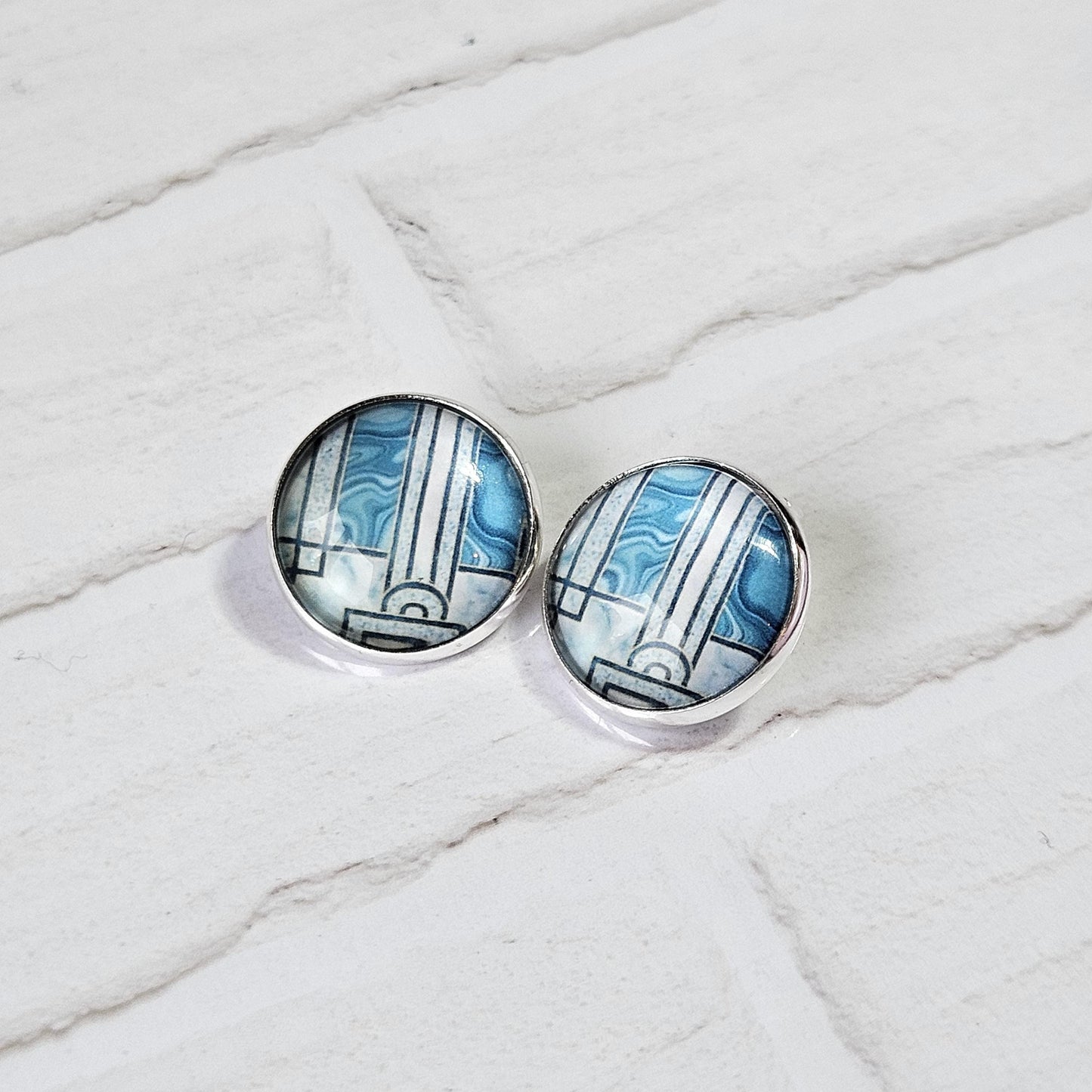 Blue Art Deco Clip-On Earrings | Handmade 16mm Cabochon | Non-Pierced Statement Earrings | Silver Tone