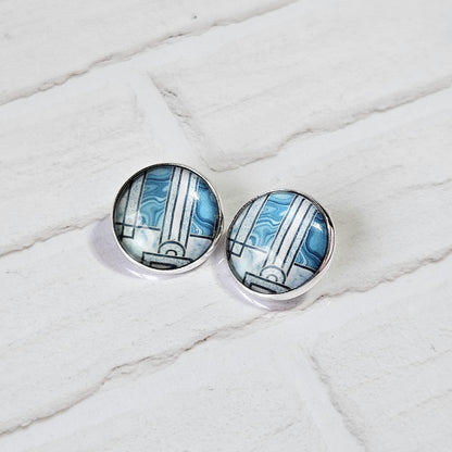 Blue Art Deco Clip-On Earrings | Handmade 16mm Cabochon | Non-Pierced Statement Earrings | Silver Tone