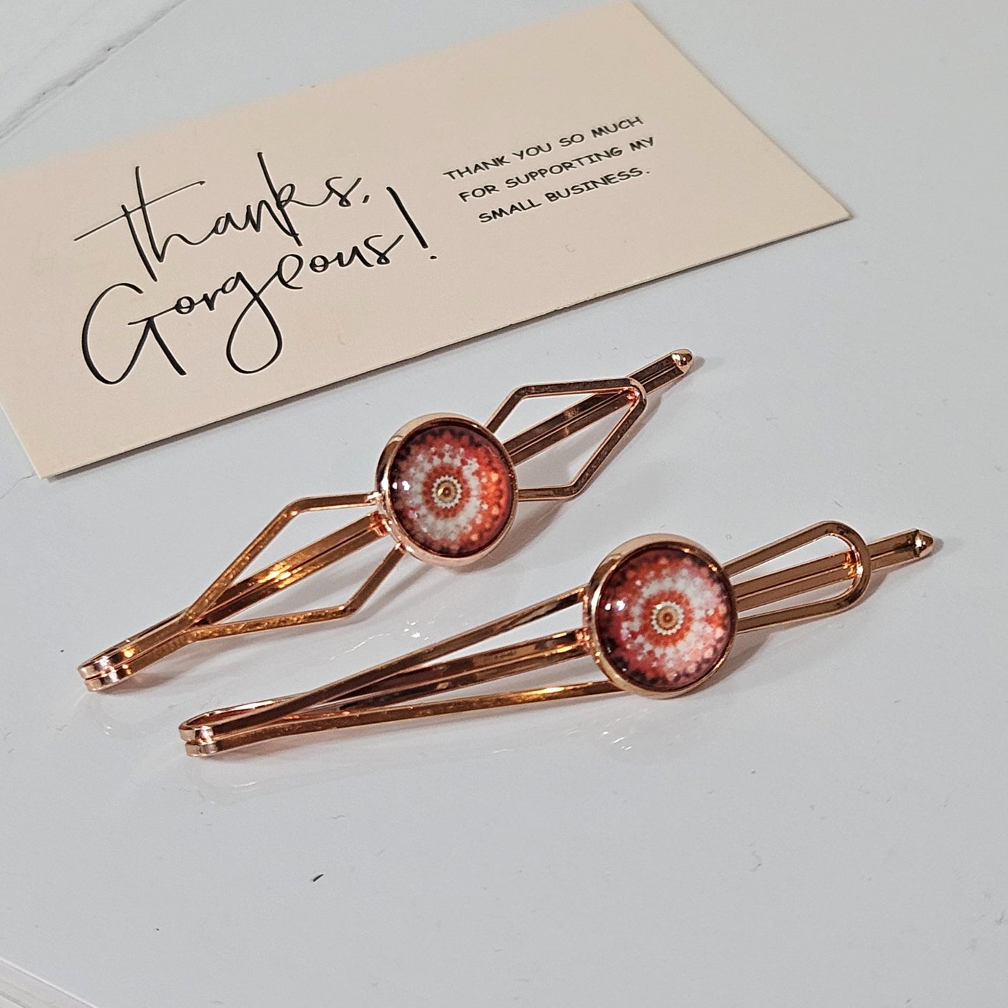 Rose Gold Bobby Pin, Geometric Hair Clip, Handmade Red Cabochon Hair Pin, Minimal Hair