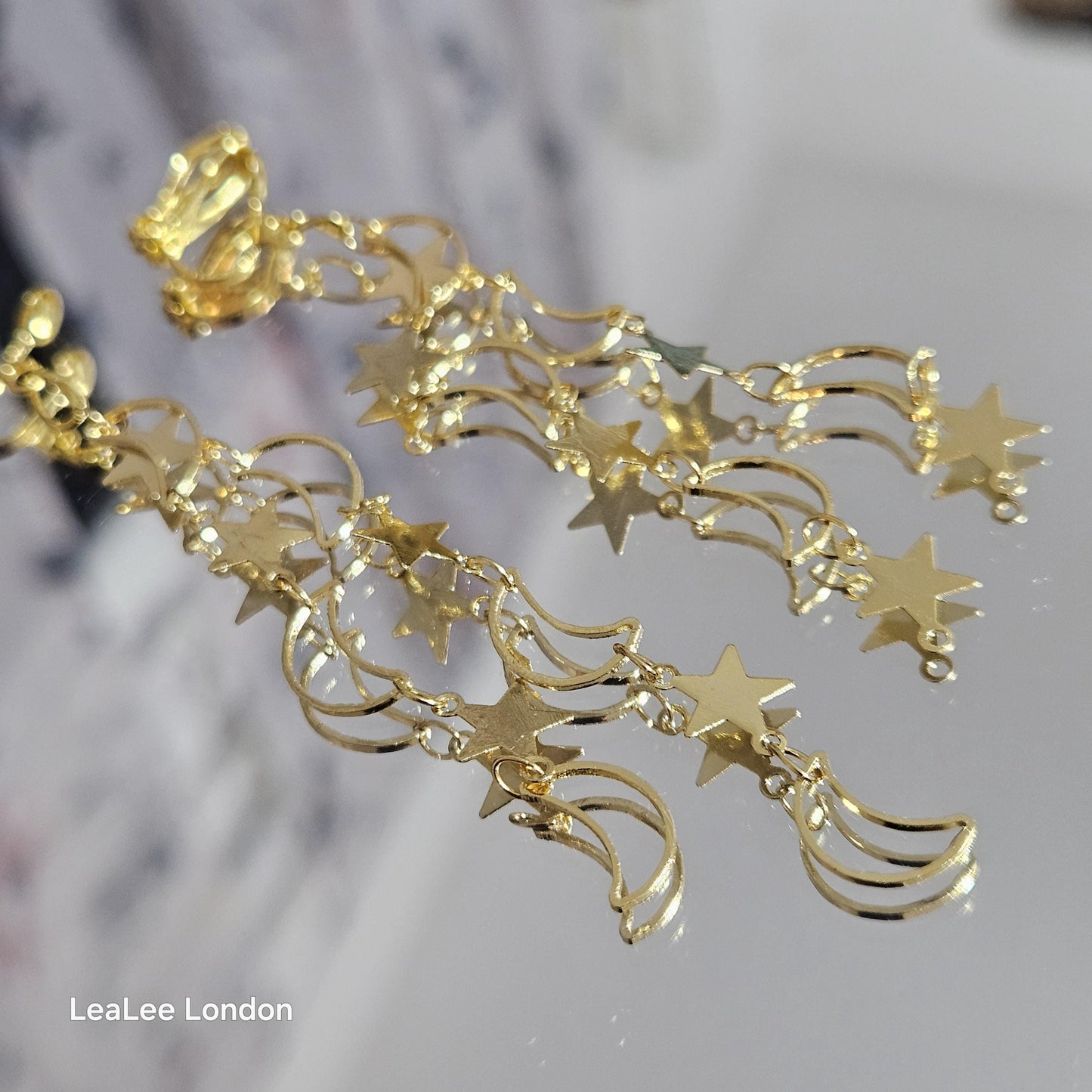 Celestial Clip On Earrings, Moon and Star Dangle, No Pierce