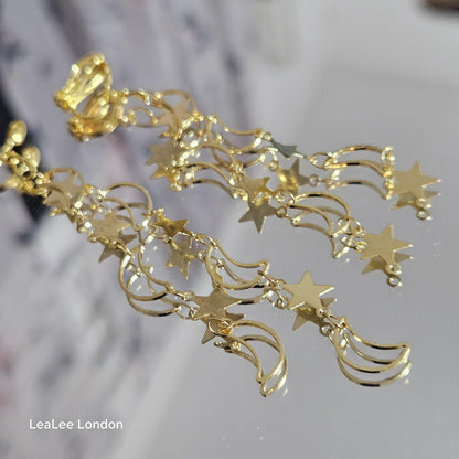 Celestial Clip On Earrings, Moon and Star Dangle, No Pierce