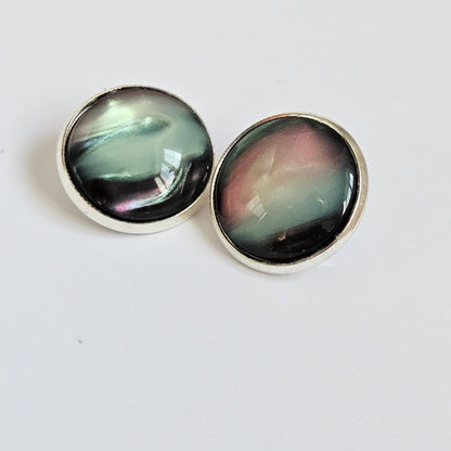 Black Aurora Clip-On Earrings | Handmade 16mm Cabochon | Non-Pierced Statement Earrings | Silver Tone
