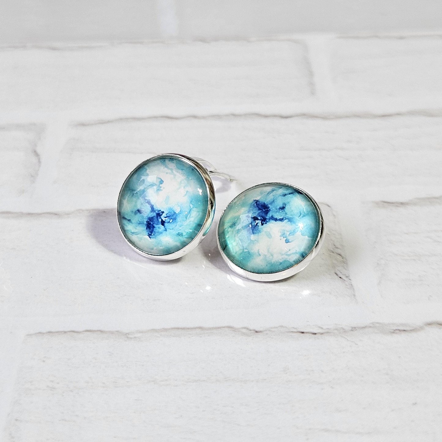 Blue Watercolour Clip-On Earrings – 16mm Cabochon | Non-Pierced | Hypoallergenic