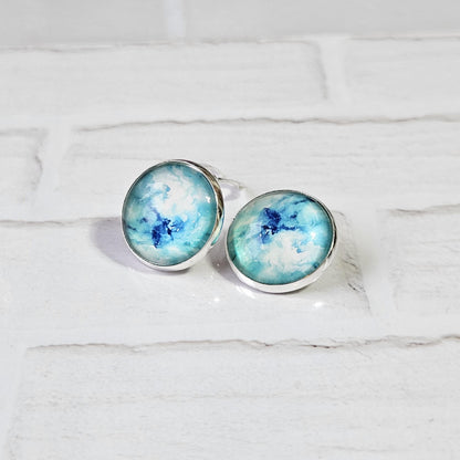 Blue Watercolour Clip-On Earrings – 16mm Cabochon | Non-Pierced | Hypoallergenic