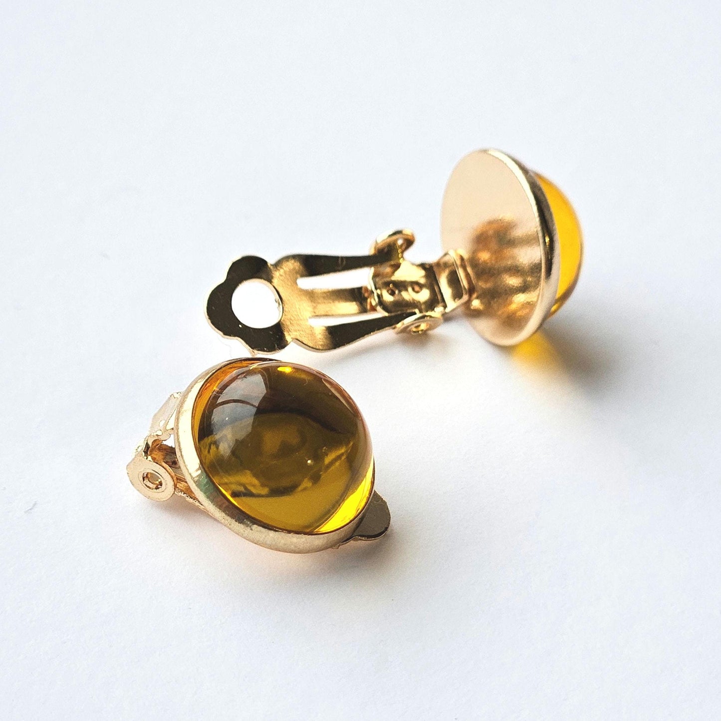 Yellow Resin Clip-On Earrings – 12mm Cabochon | Non-Pierced | Rose Gold Tone