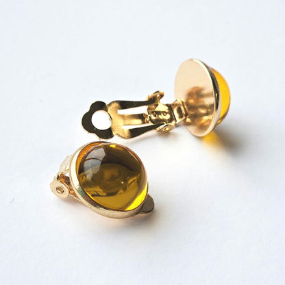 Yellow Resin Clip-On Earrings – 12mm Cabochon | Non-Pierced | Rose Gold Tone