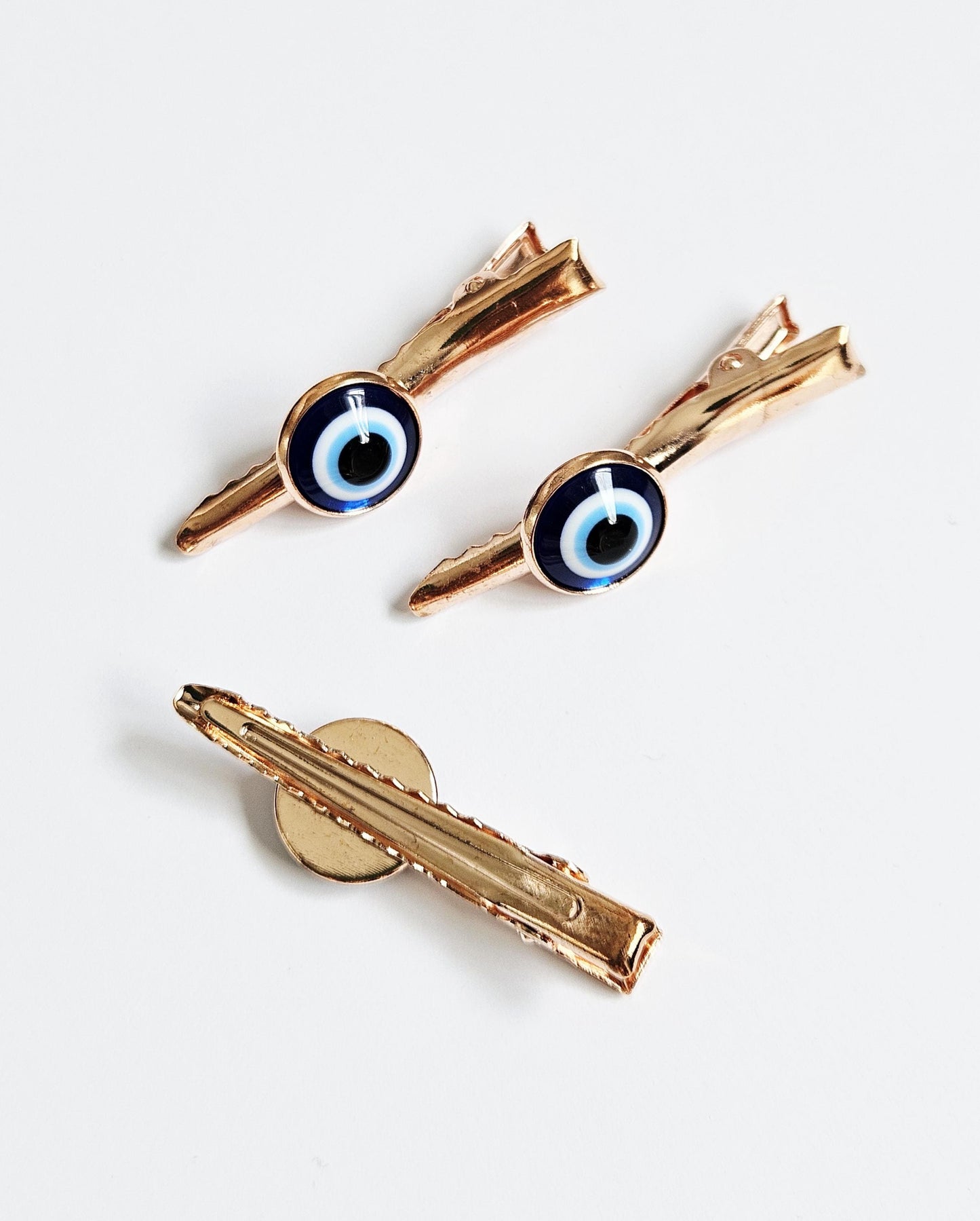Evil Eye Hair Clips – Set of 3 | Silver & Rose Gold | Alligator Clip